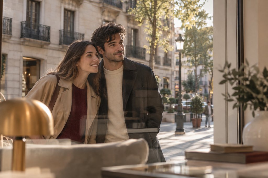 Pareja joven mirando el escaparate de una inmobiliaria