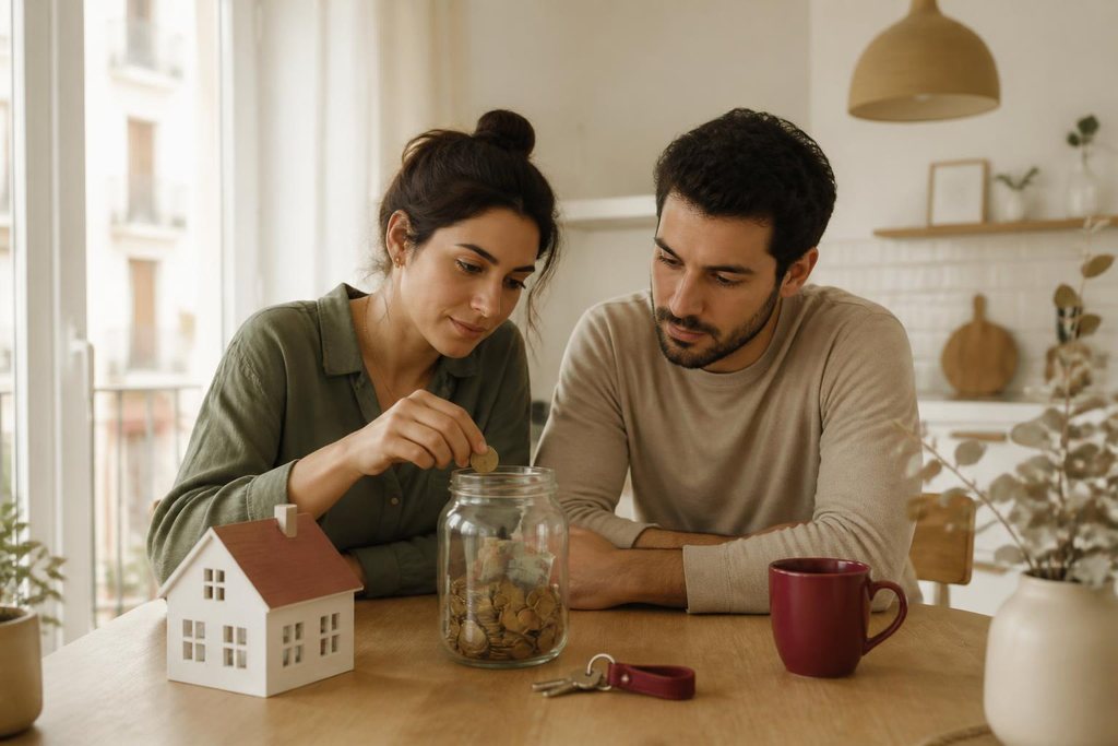 Pareja joven echando monedas en un bote de ahorro, junto a una casa en miniatura y unas llaves