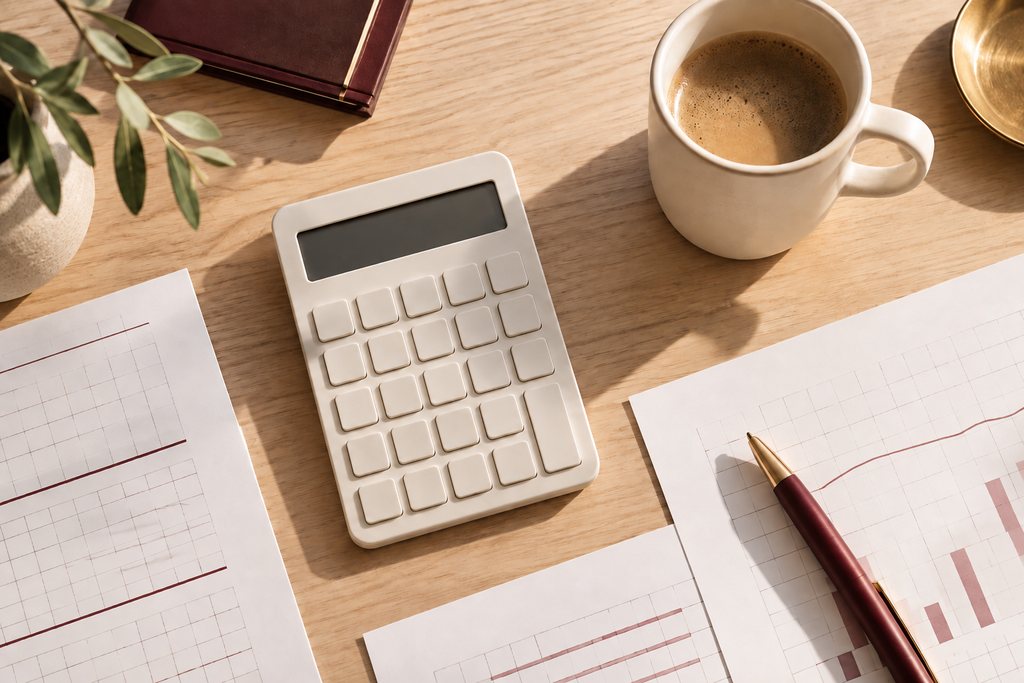 Calculadora y hojas de cálculo sobre una mesa, vistas desde arriba