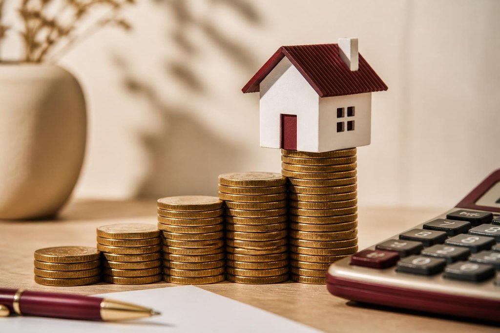 Casa en miniatura sobre montones de monedas cada vez más altos, junto a una calculadora