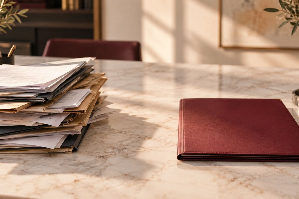 Un montón de facturas y papeles junto a una sola carpeta ordenada