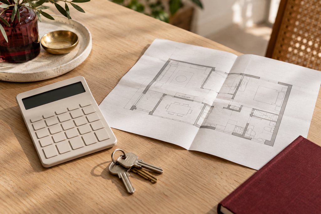 Calculadora, plano de vivienda y llaves sobre mesa de madera