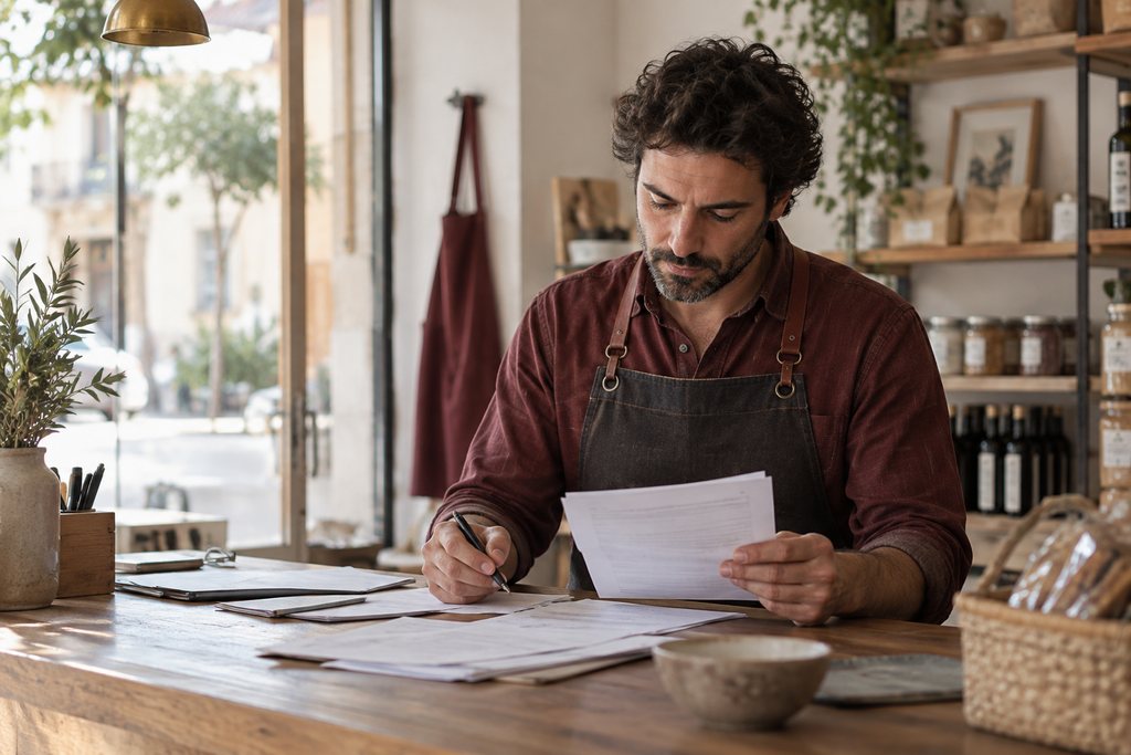 Autónomo revisando facturas en el mostrador de su local