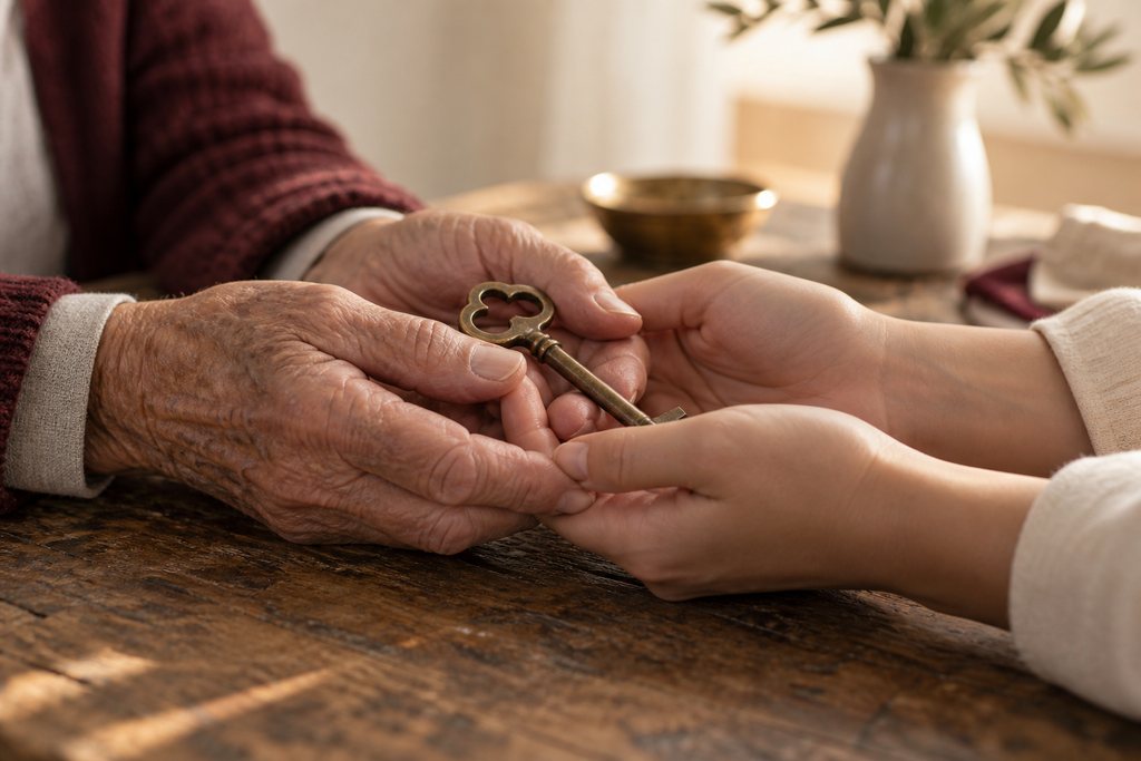 Manos de dos generaciones sosteniendo juntas una llave antigua