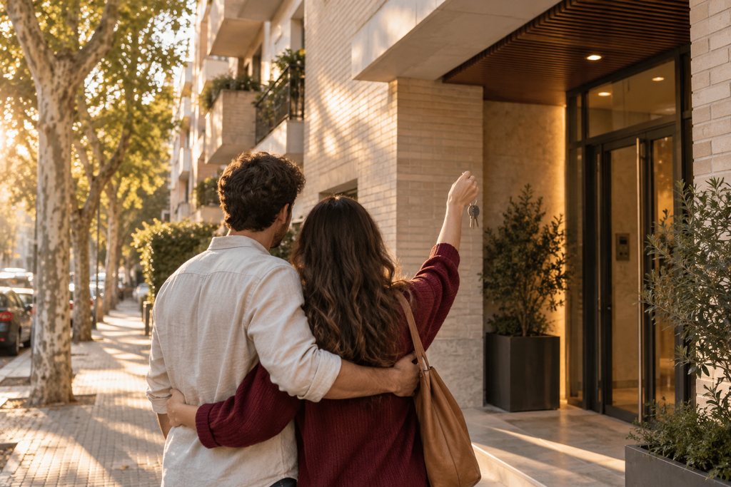 Pareja joven ante el portal de su nuevo edificio, con las llaves en alto