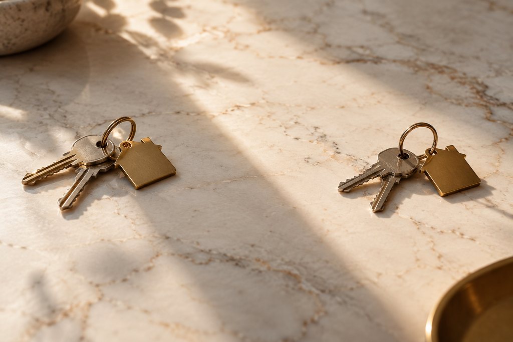 Dos juegos de llaves de vivienda enfrentados sobre mármol claro